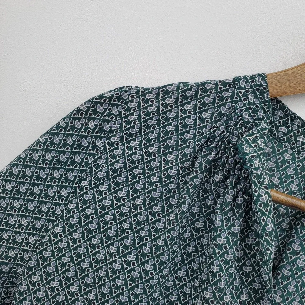 Madewell‎ Womens Floral Silk Memory Blouse Top Size S Green V-Neck 3/4 Sleeve